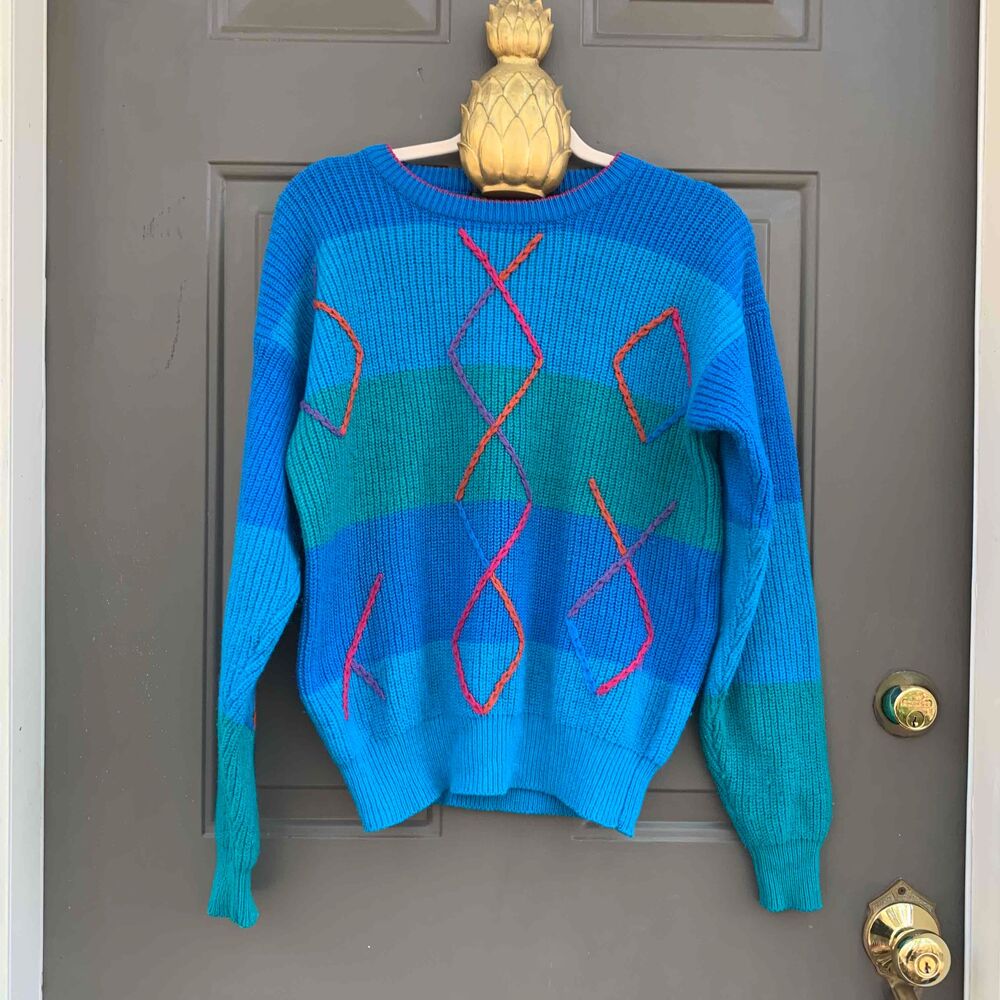 Vintage 80s Colours By Alexander Julian Chunky Knit Sweater Blue Wool Cotton